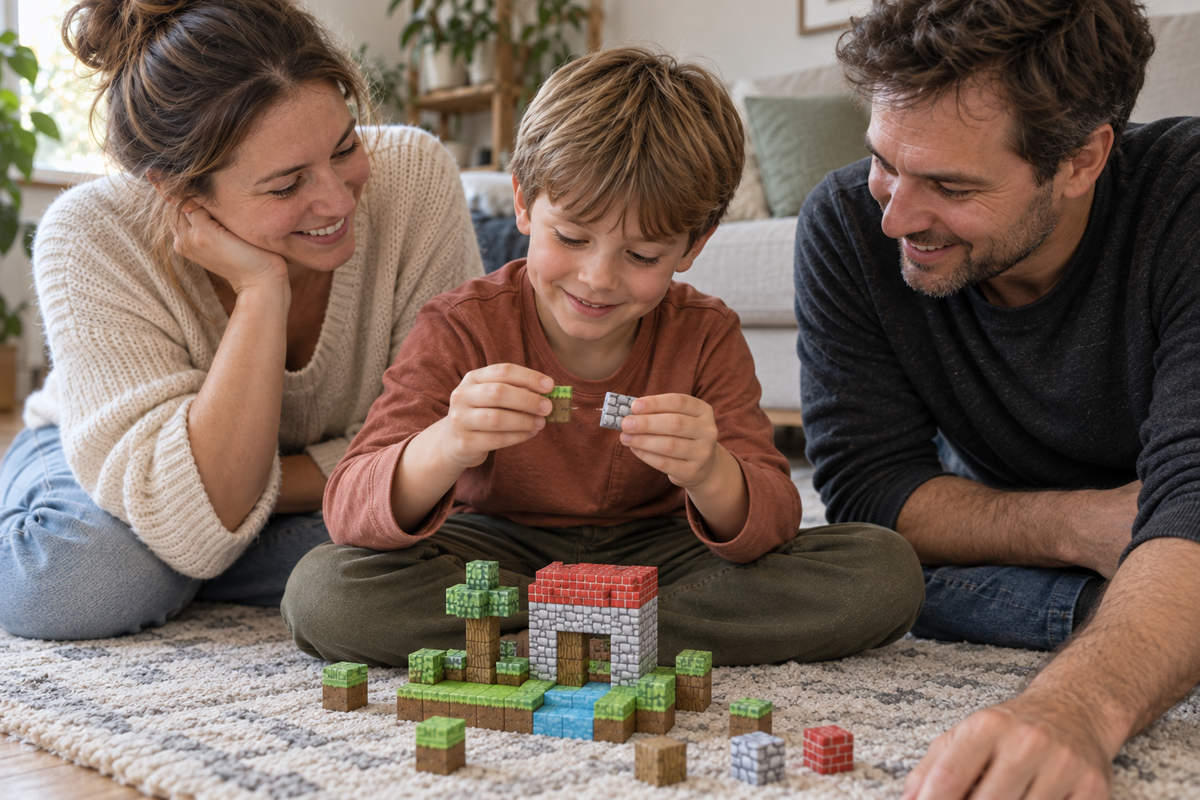 A family sits together building their own KidsCraft world.