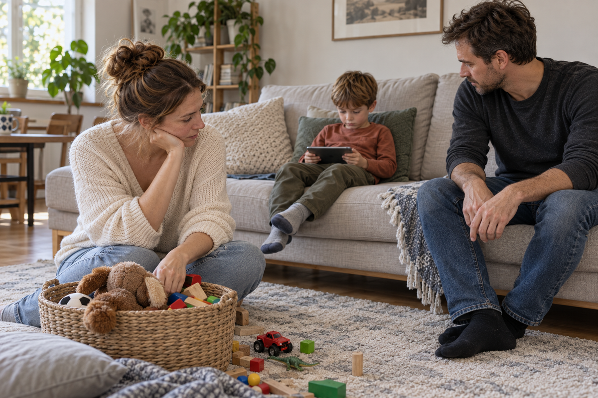 A boy sits on the sofa with his tablet, while his parents sit among unused toys.