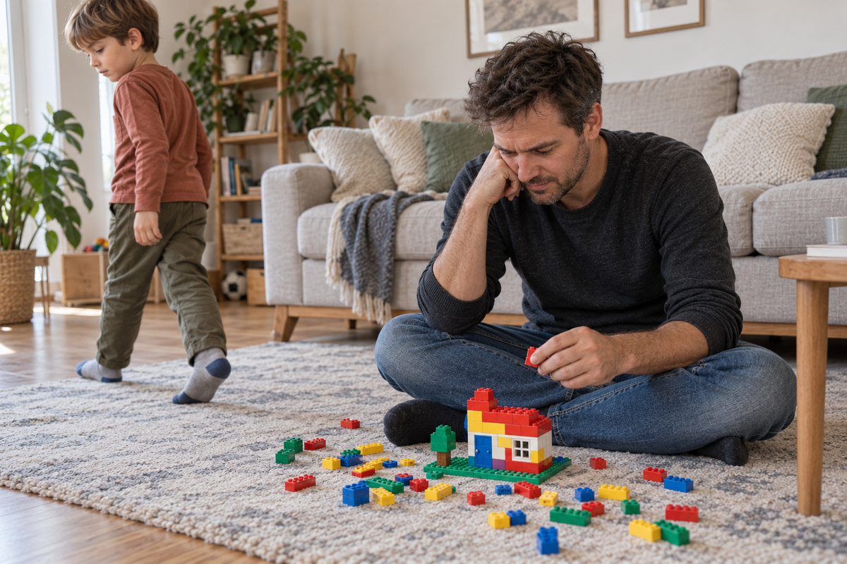Example scene: A father sits with colorful building blocks while his son loses interest.