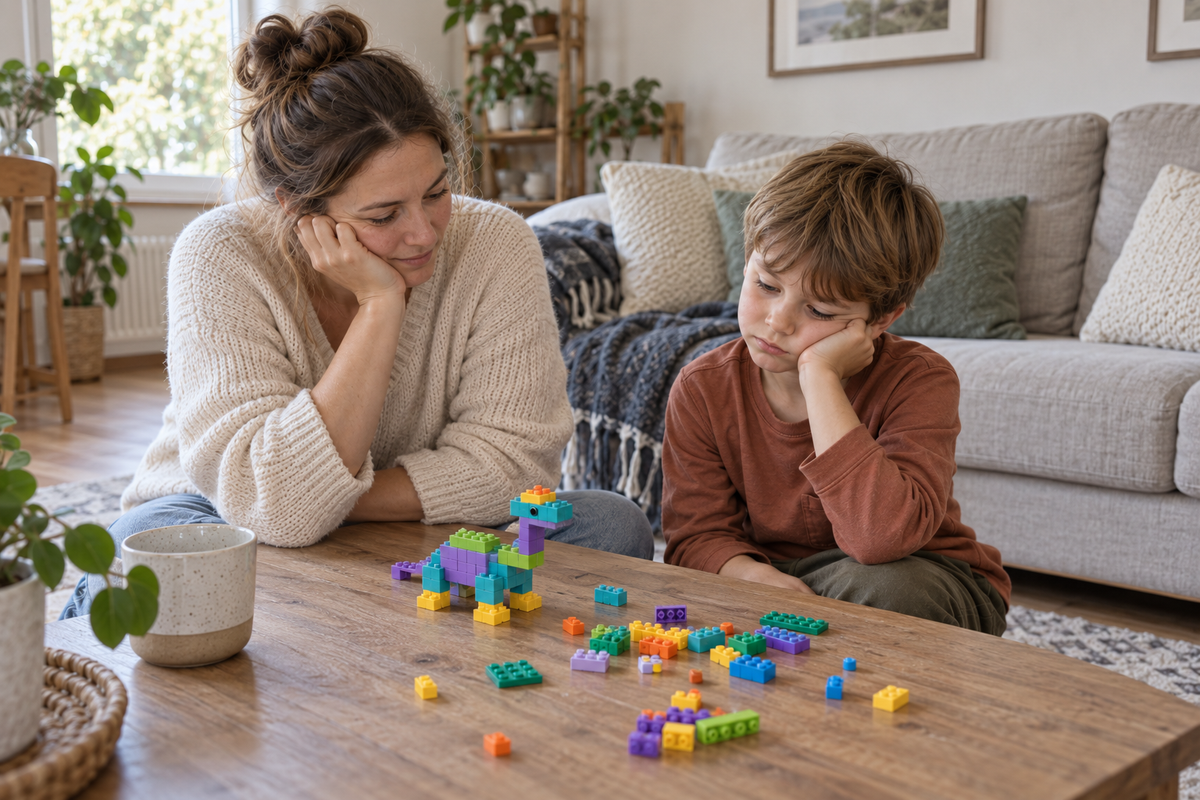 Example scene: A mother and her bored son are sitting in front of a small structure made of colorful building blocks.
