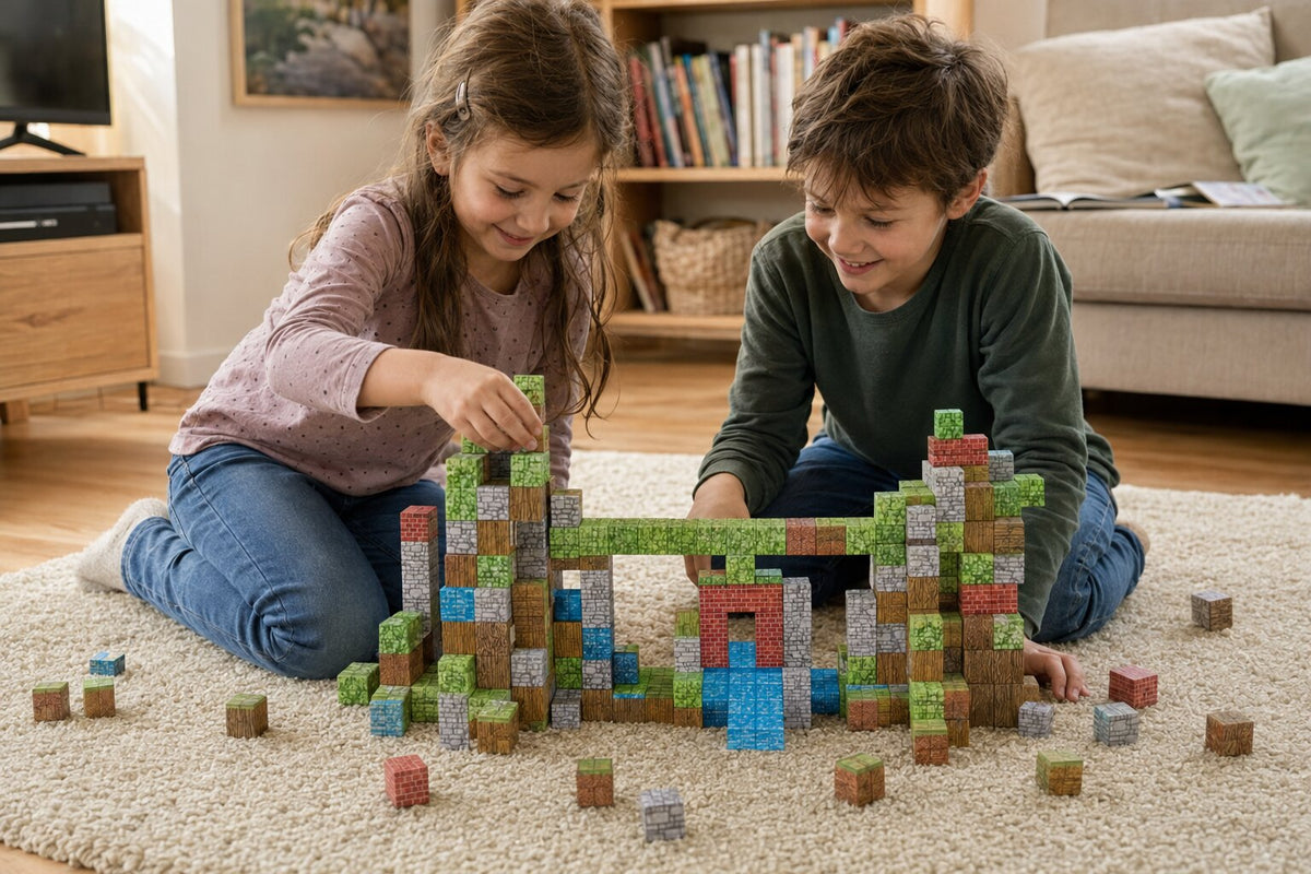 Zwei Kinder bauen gemeinsam eine Brücke aus KidsCraft Magnetbausteinen